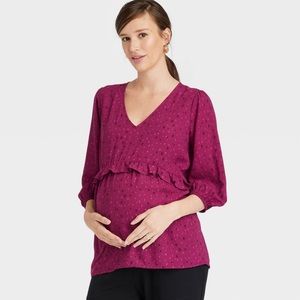 Isabel Maternity 3/4 Sleeve V neck Ruffle Waist Berry Print  Woven Top XS